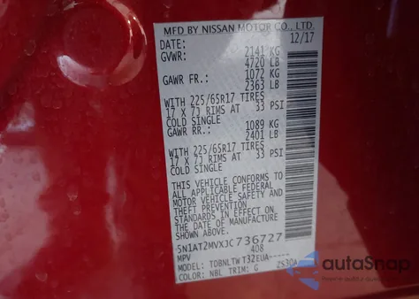 2018 Nissan Rogue Sv z USA, uszkodzony, nr VIN 5N1AT2MVXJC736727